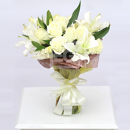 WHITE LILY AND WHITE ROSES